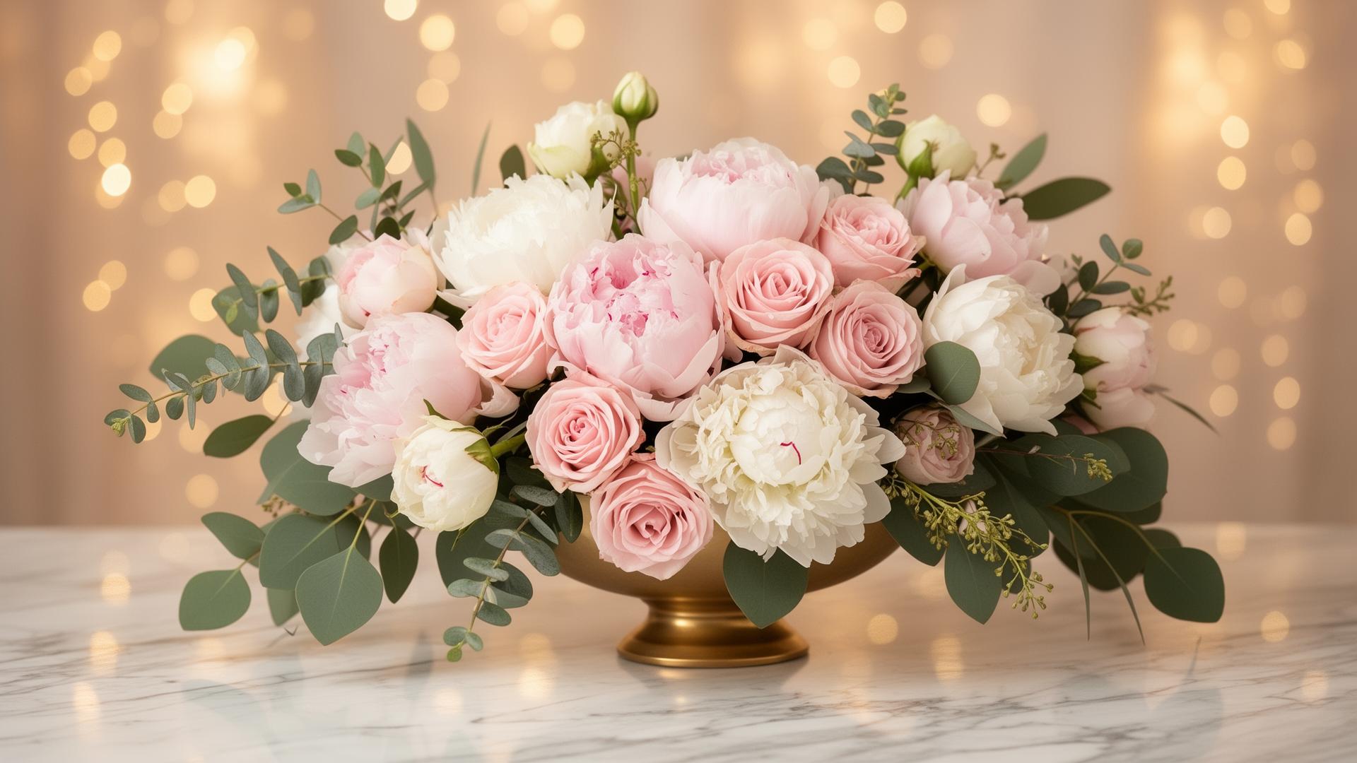 Arreglo floral elegante con rosas rosadas y peonías blancas